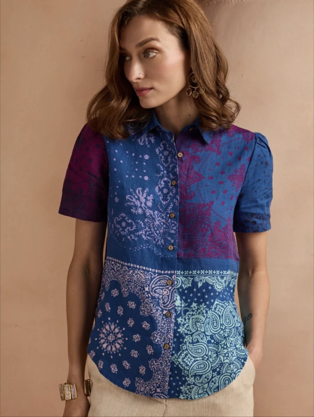 Sundance 100% Linen Colorblock Top